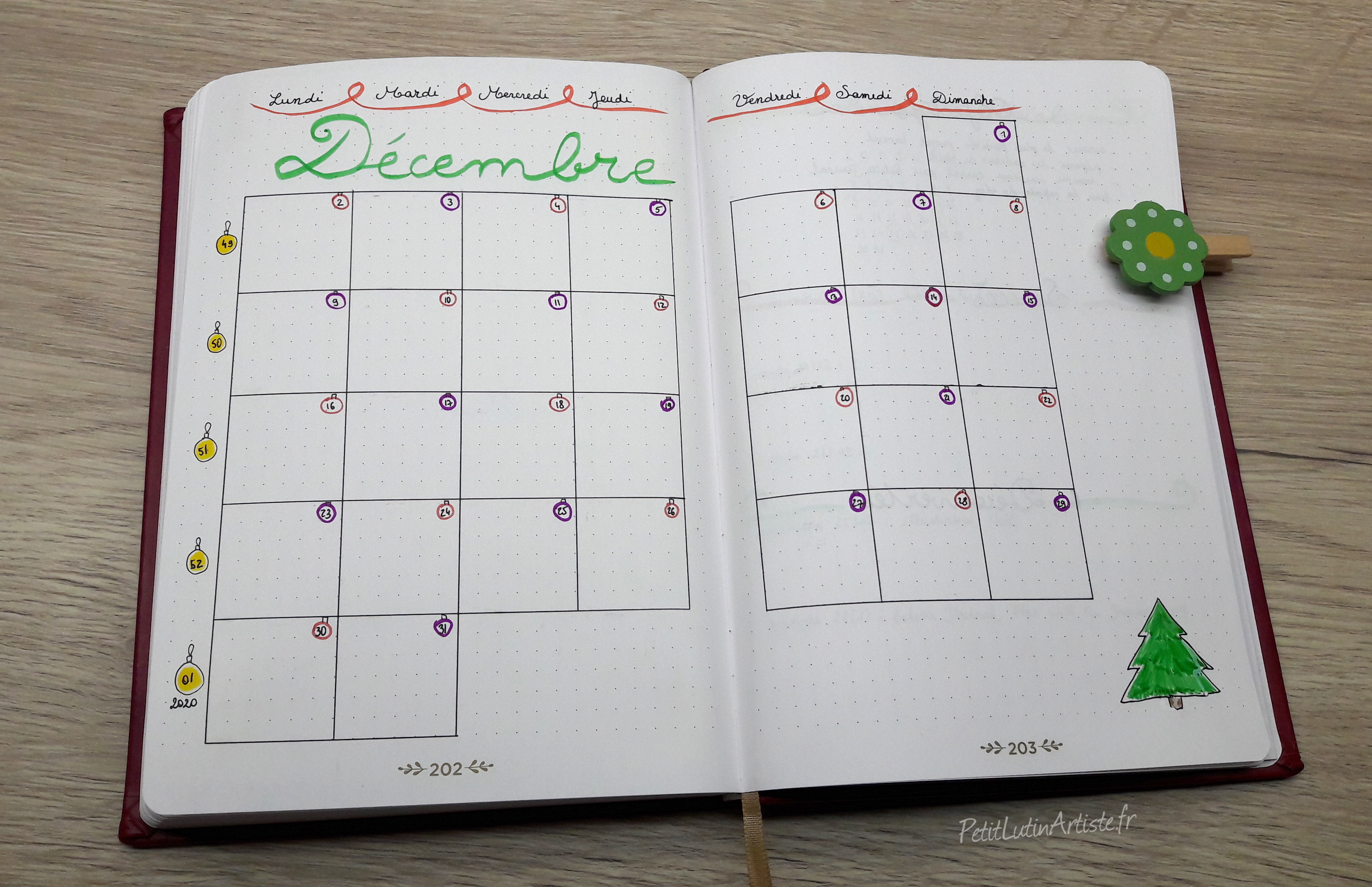 belette journal plan with me decembre 2019 : double page calendrier du mois de décembre 2019
